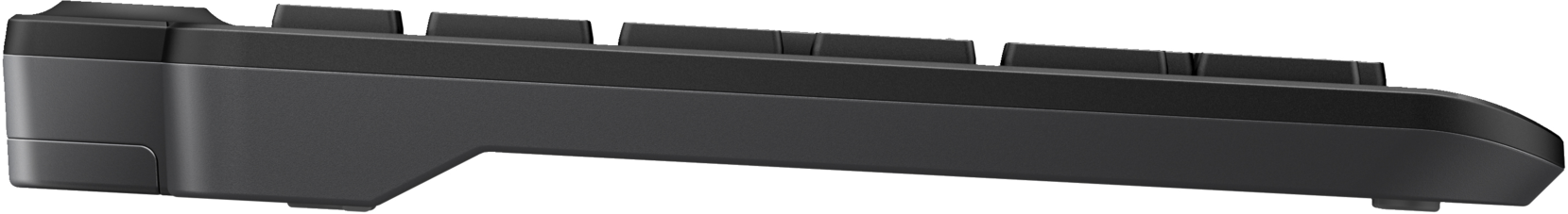 Vue latérale d'un clavier noir, montrant l'angle et les touches.