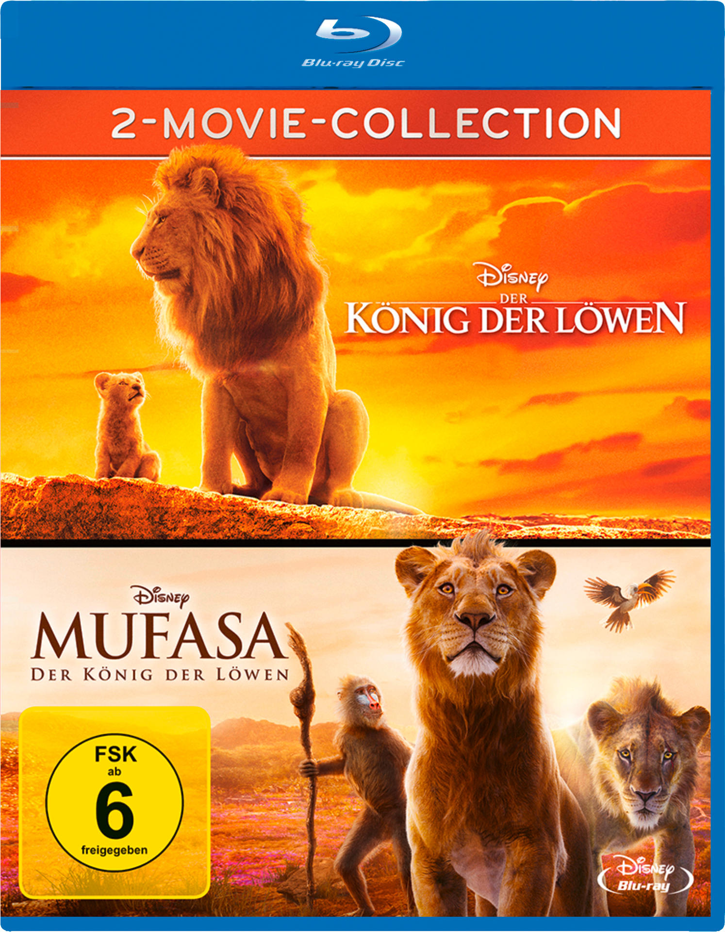 DVD-Cover: Zwei Löwenfilme. Simba und Mufasa. Disney-Logo ist unten sichtbar.