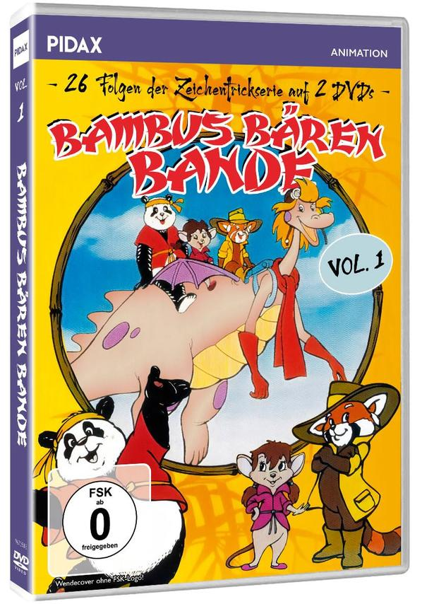 DVD-Cover für die Zeichentrickserie „Bambus Bären Bande“ mit Zeichentrickfiguren, gelber Hintergrund.