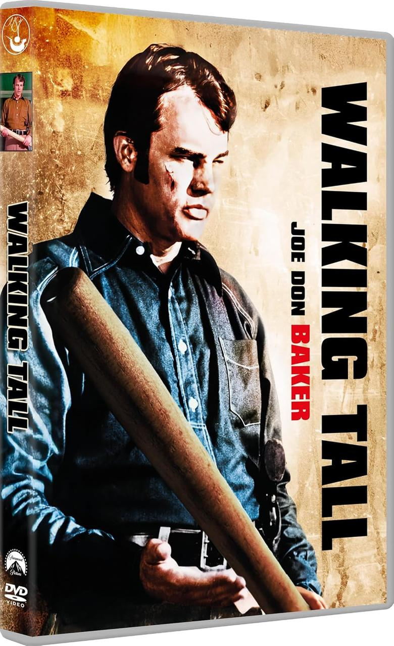 DVD-Cover für den Film „Walking Tall“ mit Joe Don Baker, der einen Schläger hält, auf abgenutztem Hintergrund.