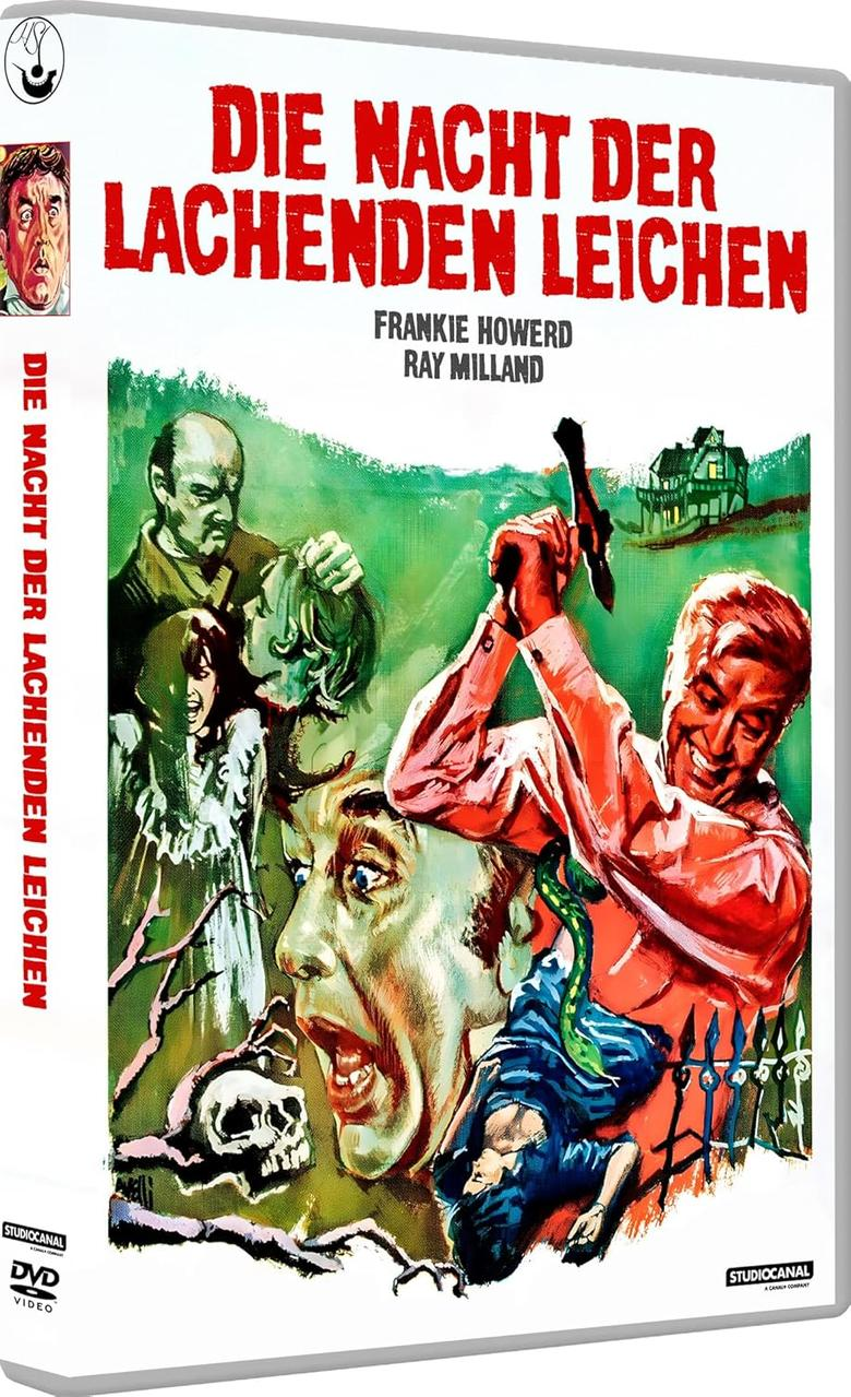 Filmplakat: Die Nacht der lachenden Leichen. Ein Mann mit Messer steht im Mittelpunkt.