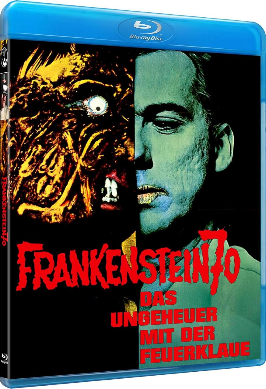 Das Cover zeigt eine Collage: links ein Monster, rechts ein Mann. Titel: Frankenstein 70.