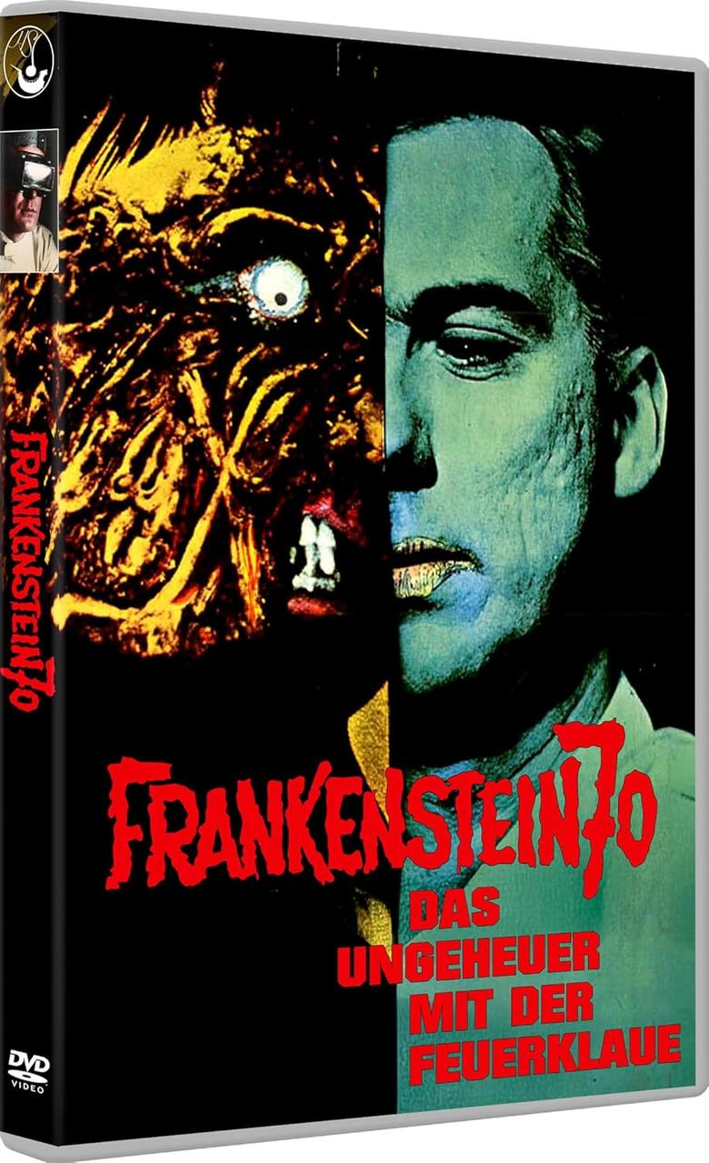 DVD-Cover von Frankenstein 70 mit geteiltem Motiv: Monster und Mann.