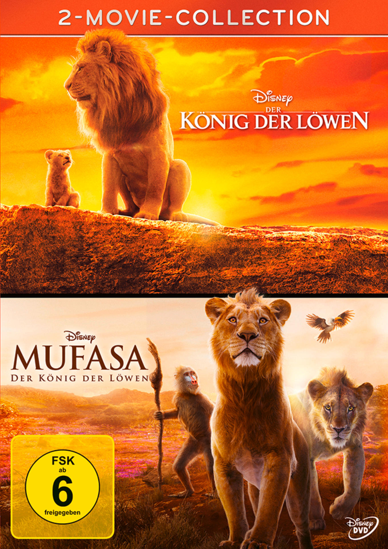 DVD-Cover des Films König der Löwen. Zwei Löwenbilder auf goldenem Sonnenunterganghintergrund.