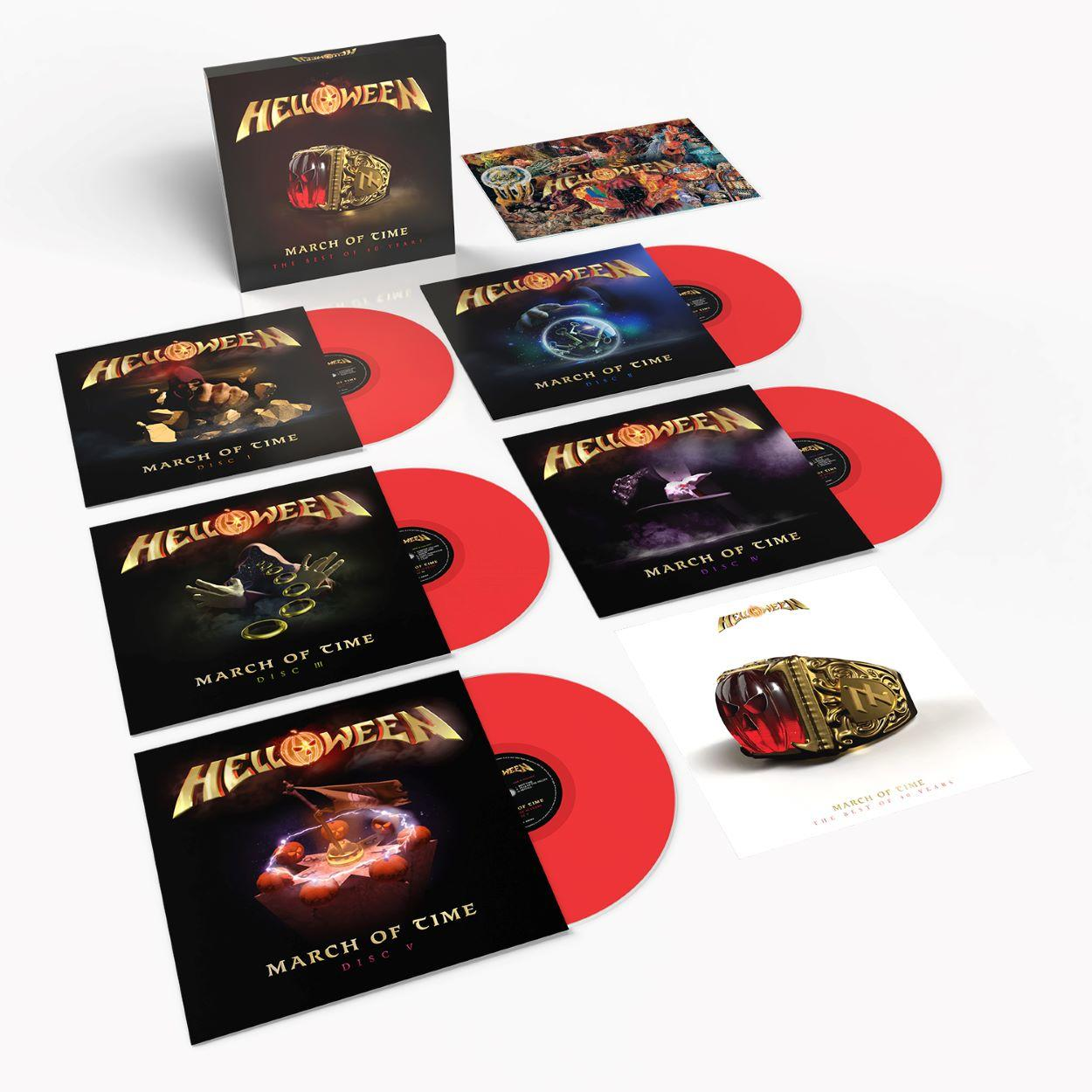 Album-Set: Helloween 'March of Time' Album und rote Vinylplatten. Verschiedene Albumcover und Ring.