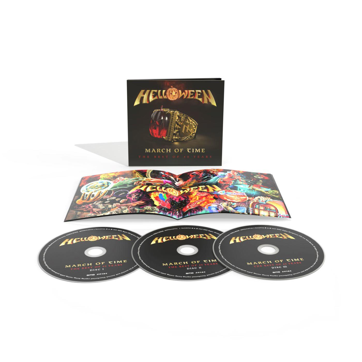 Ein Helloween-Album-Set mit einem Buch und drei CDs. Die Discs sind schwarz mit Text.