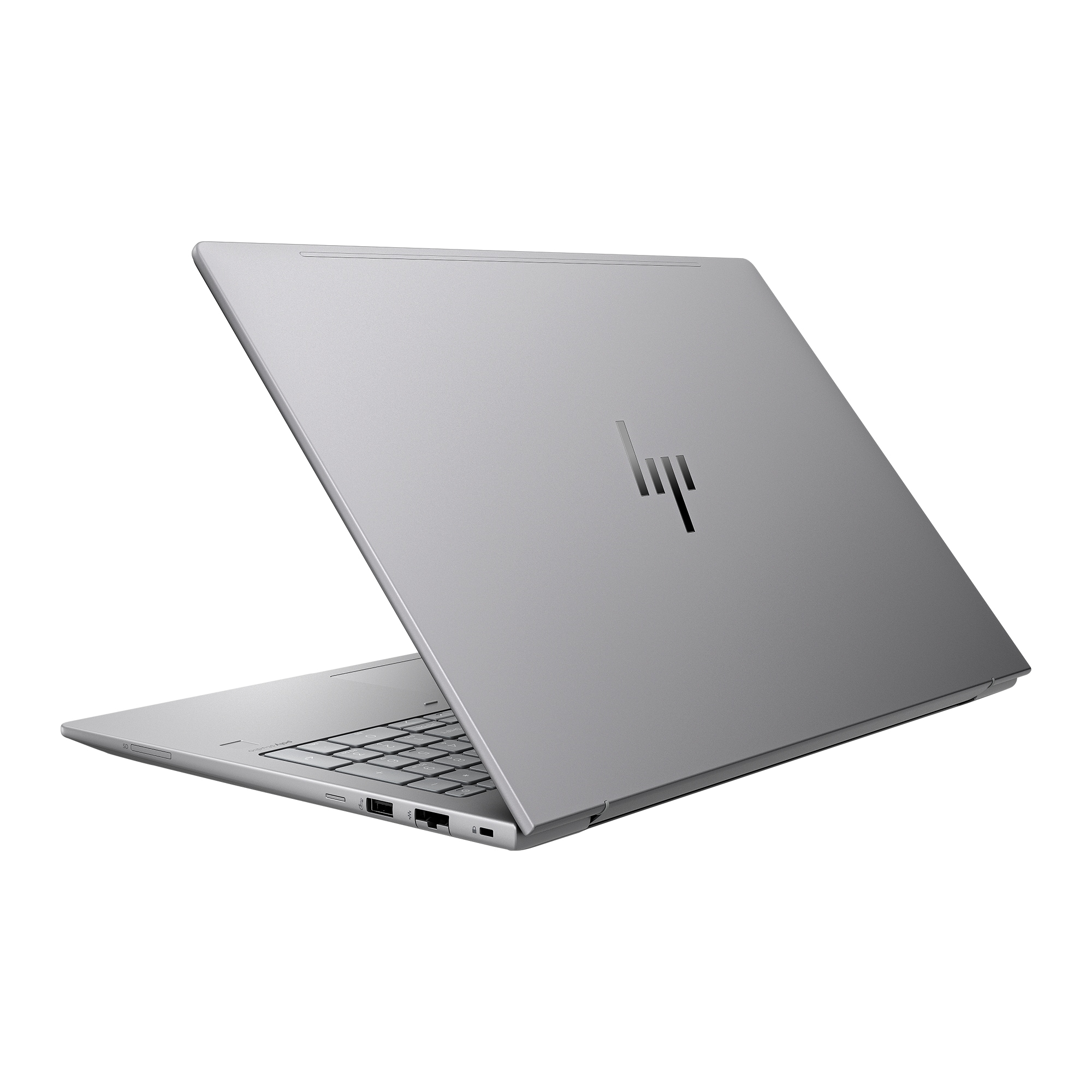 Ein silberner Laptop, mit geöffnetem Deckel, zur Kamera geneigt.