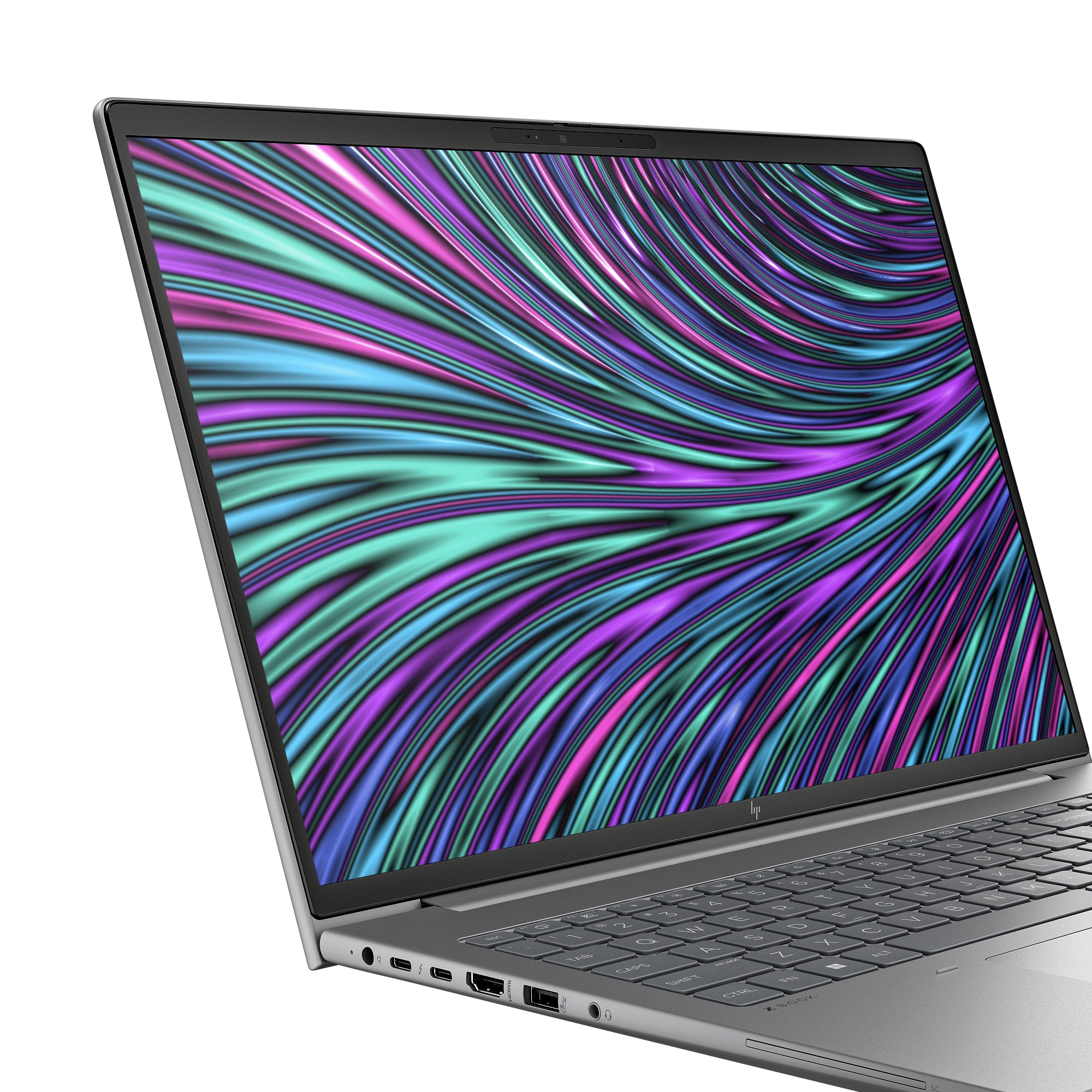 Laptop-Bildschirm mit farbenfrohem, abstraktem Hintergrund. Silberner Laptop mit weißem Hintergrund.