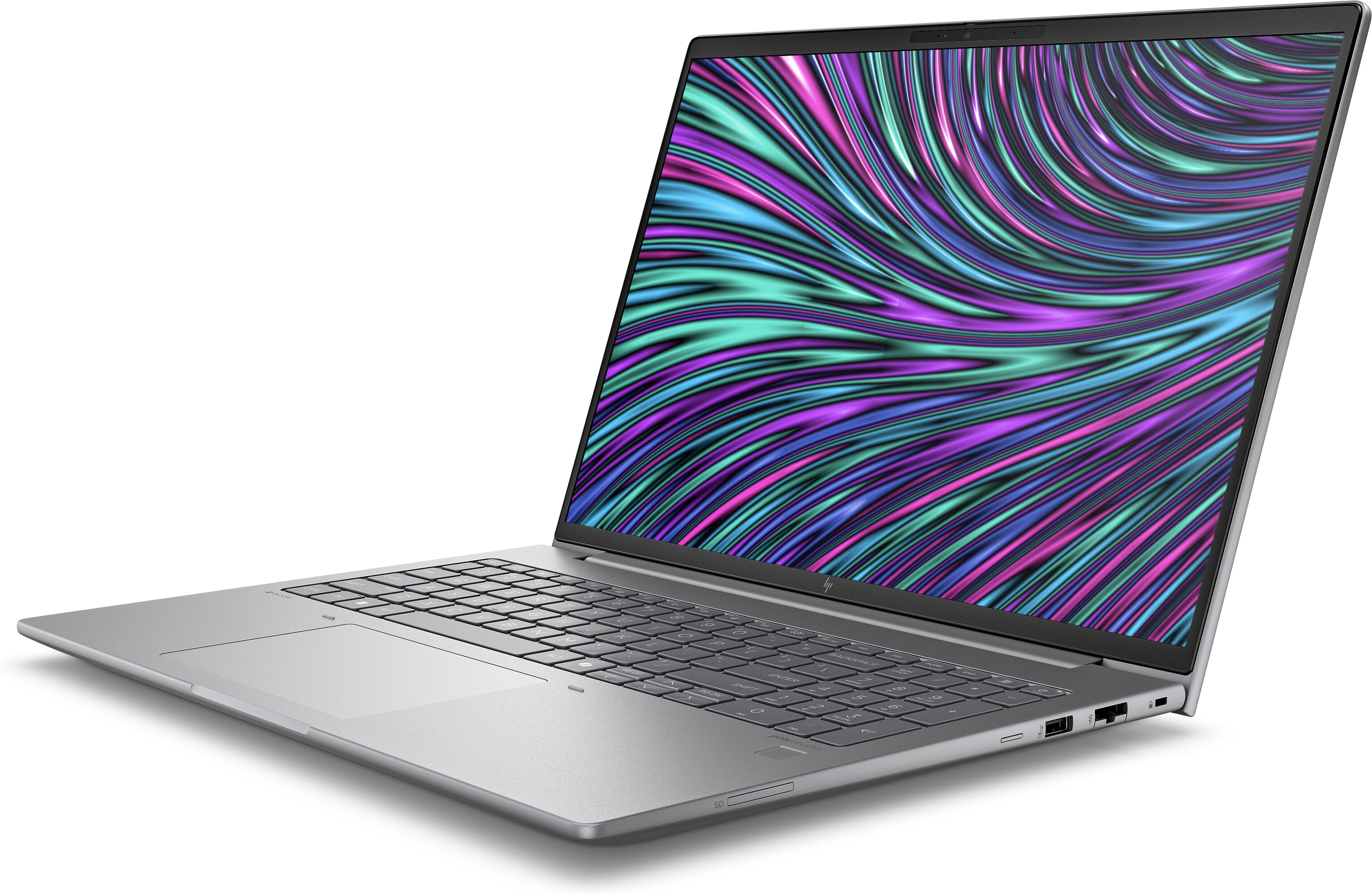 Silberner Laptop mit farbenfrohem Bildschirm, in einem Winkel geöffnet. Weißer Hintergrund.