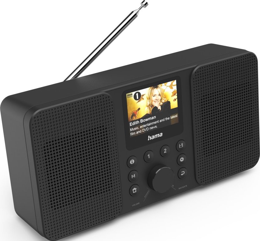 Une radio noire avec un petit écran affichant une femme. Elle a des boutons, un cadran et une antenne.