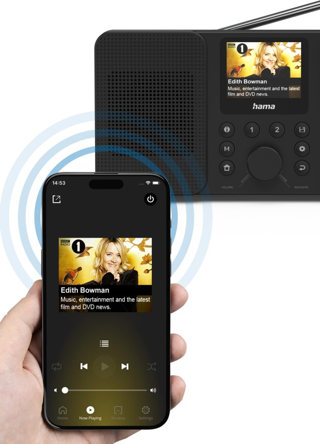 Une radio noire et un smartphone affichant la station de radio et Edith Bowman. Ondes bleues autour.