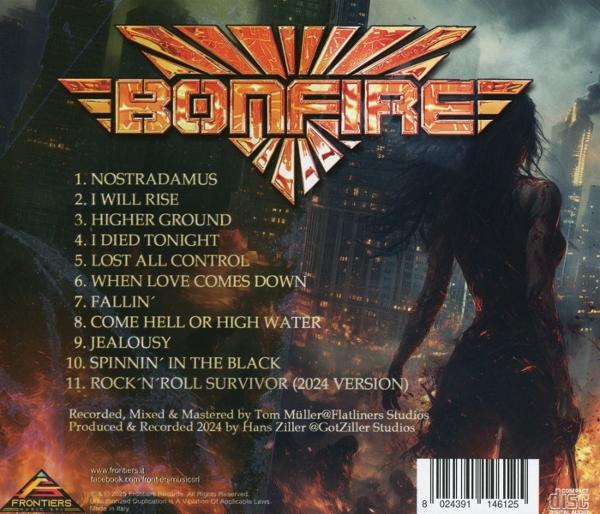 CD-Cover mit einer brennenden Stadt und einer Frau auf der rechten Seite. Bonfire ist der Titel.
