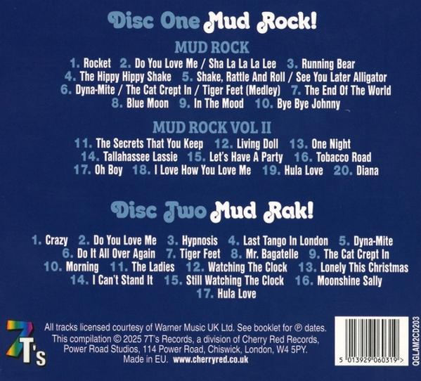 Ein CD-Cover mit einer Titelliste. Der Text ist blau und weiß. Disc One Mud Rock! und Disc Two Mud Rak!