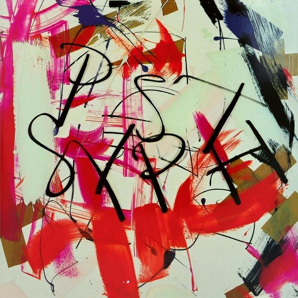 Abstrakte Kunst mit roten, rosa, schwarzen Pinselstrichen und Text auf weißem Hintergrund.