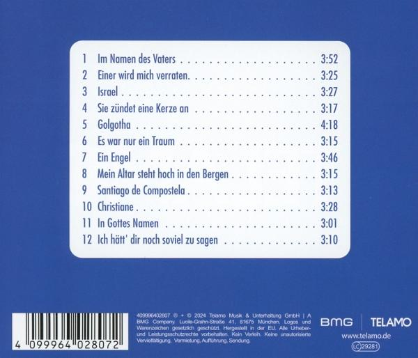 Tracklist mit Titeln und Spieldauern auf blauem Hintergrund.