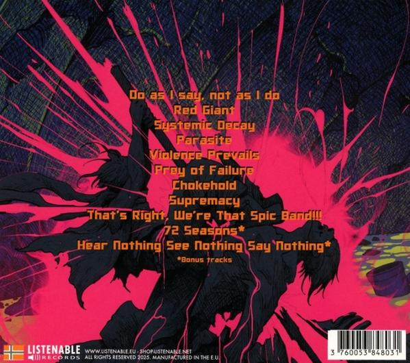 Rückseite eines Musikalbums mit rotem und schwarzem Design. Text und Bilder. Hintergrund: rot und schwarz.