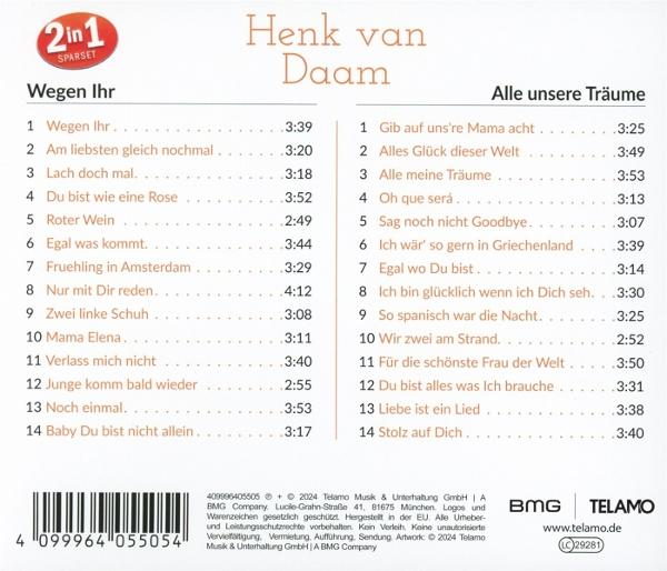 CD-Cover mit einer Titelliste, mit dem Titel: Henk van Daam und dem Titel: Alle unsere Träume.
