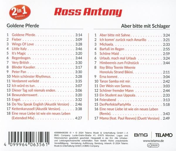 CD-Cover mit Trackliste von Ross Antonys Songs auf Deutsch. Rotes und weißes Farbschema.