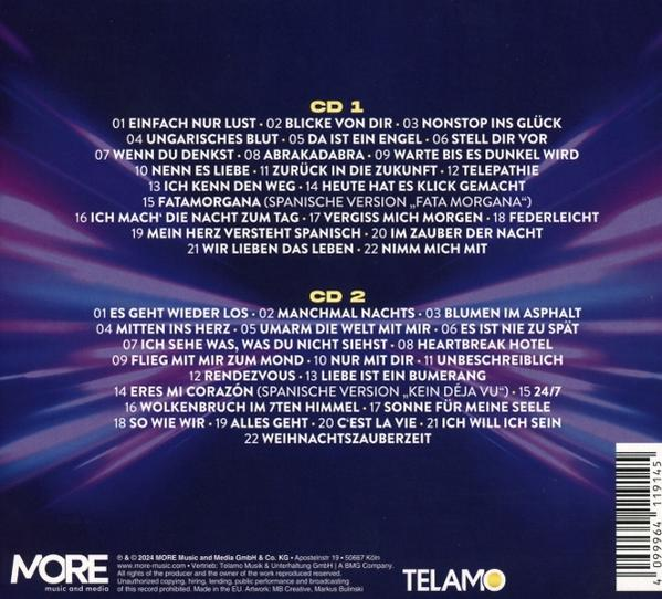 CD-Cover mit einer Liste von Songs und Titeln. Text in Weiß auf dunklem Hintergrund.
