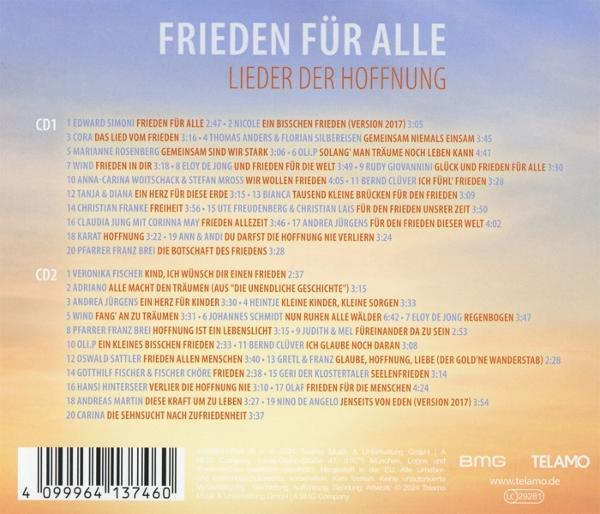CD-Cover mit verschiedenen Liedern auf der Rückseite und dem Titel Frieden Für Alle.