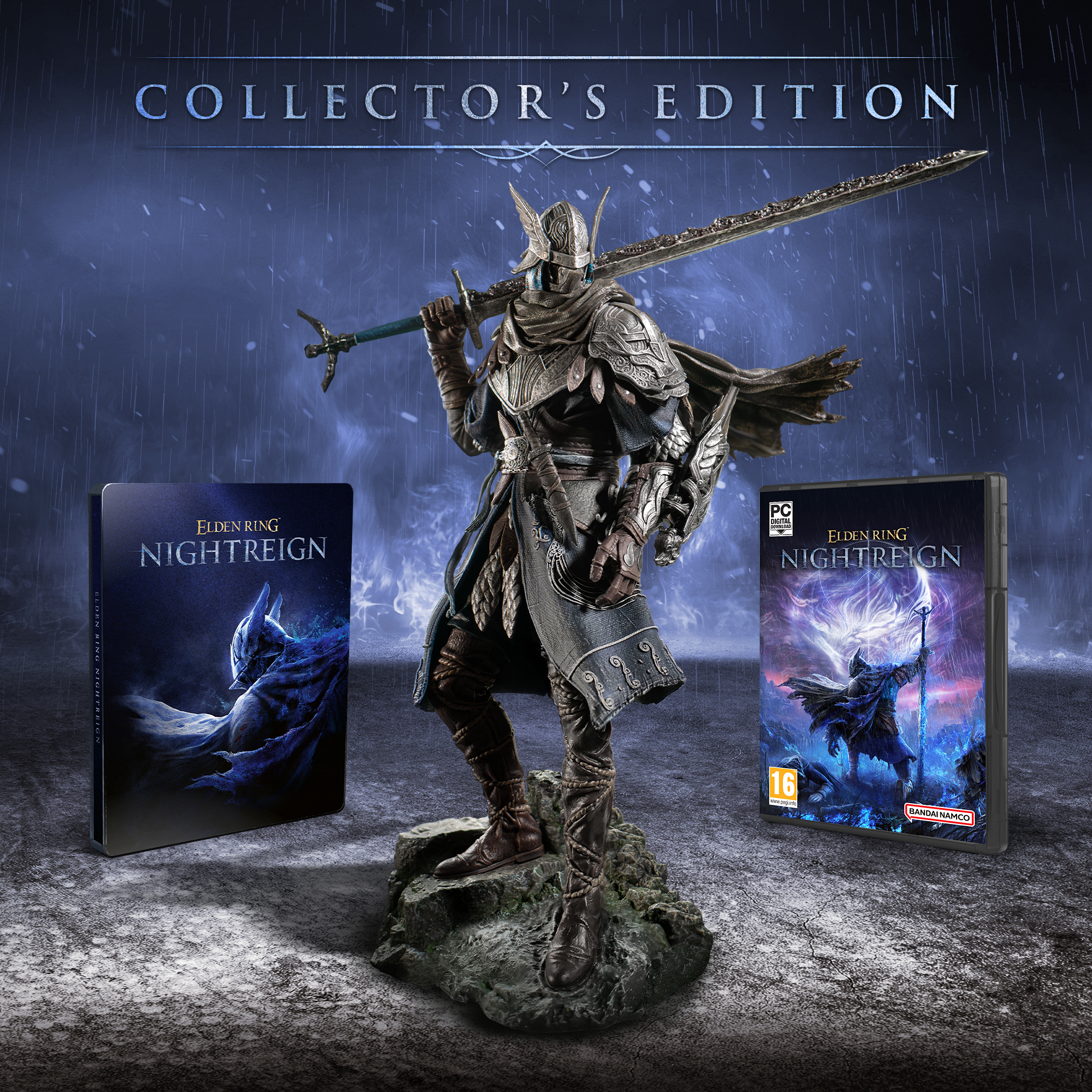 Edición de Coleccionista de Elden Ring. Estatua, caja del juego y steelbook. Caballero con espada bajo la lluvia.