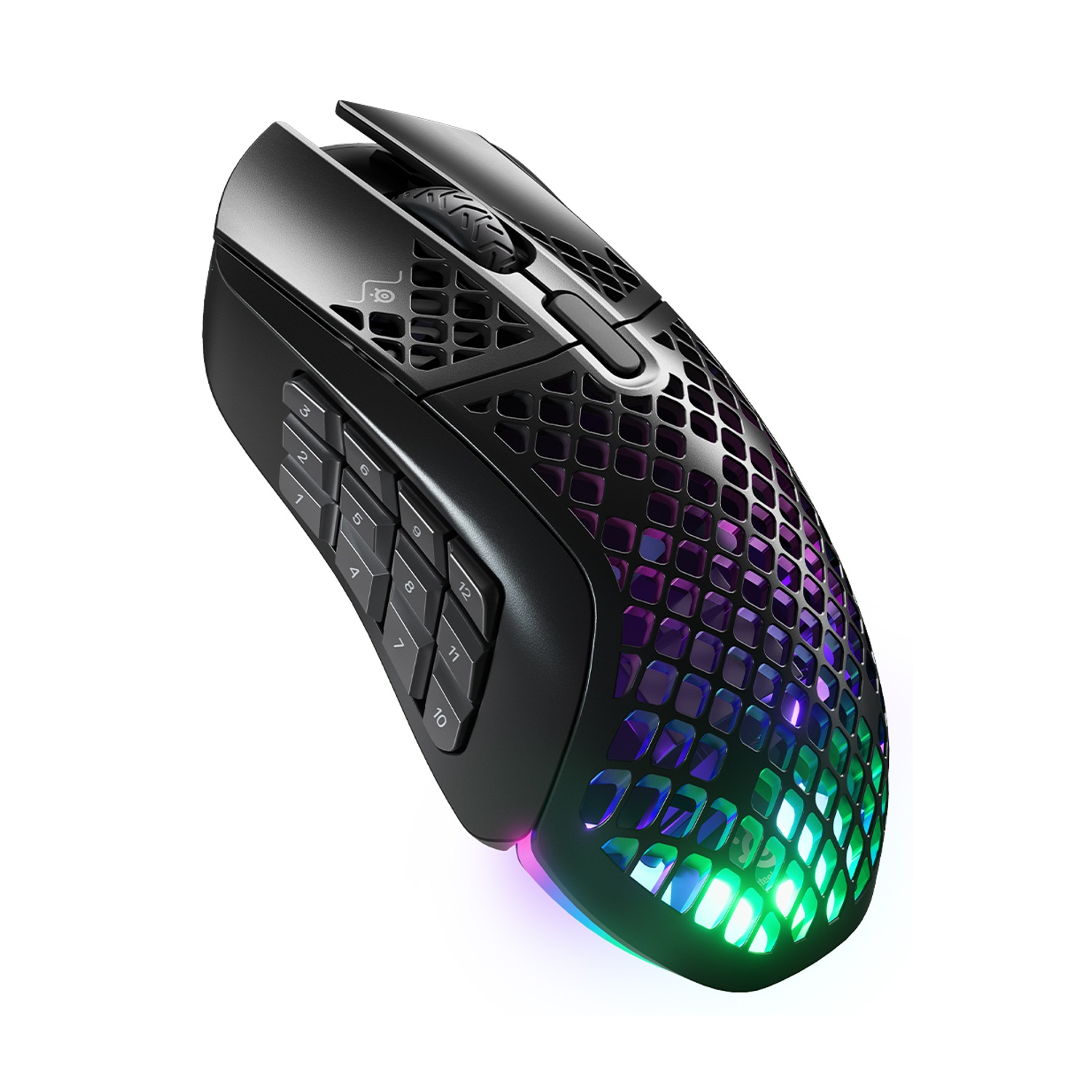 Mouse da gioco con 12 pulsanti laterali, nero e con luci multicolore lungo la base.