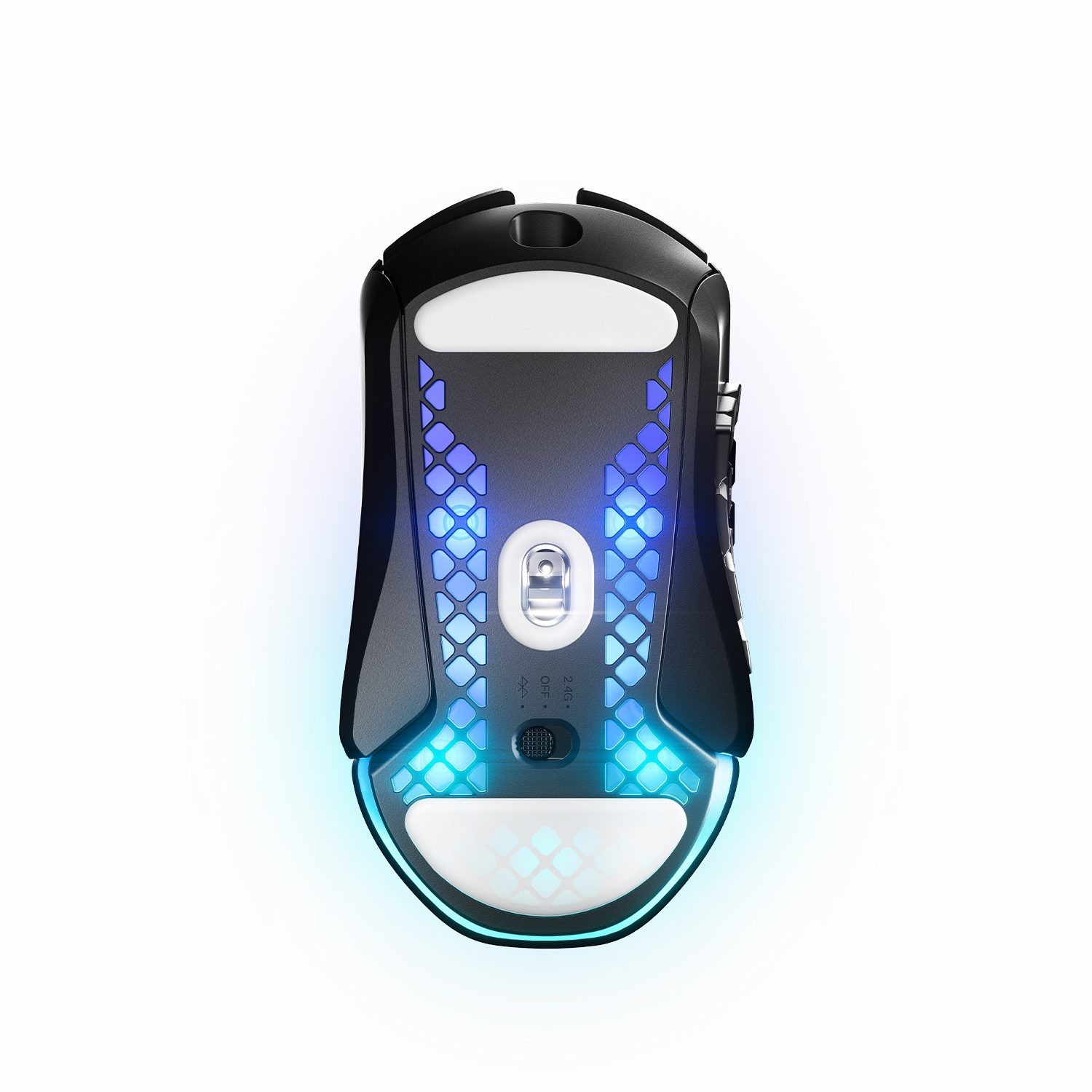 Vista inferiore di un mouse da gioco nero con illuminazione blu e bianca e un pulsante centrale.