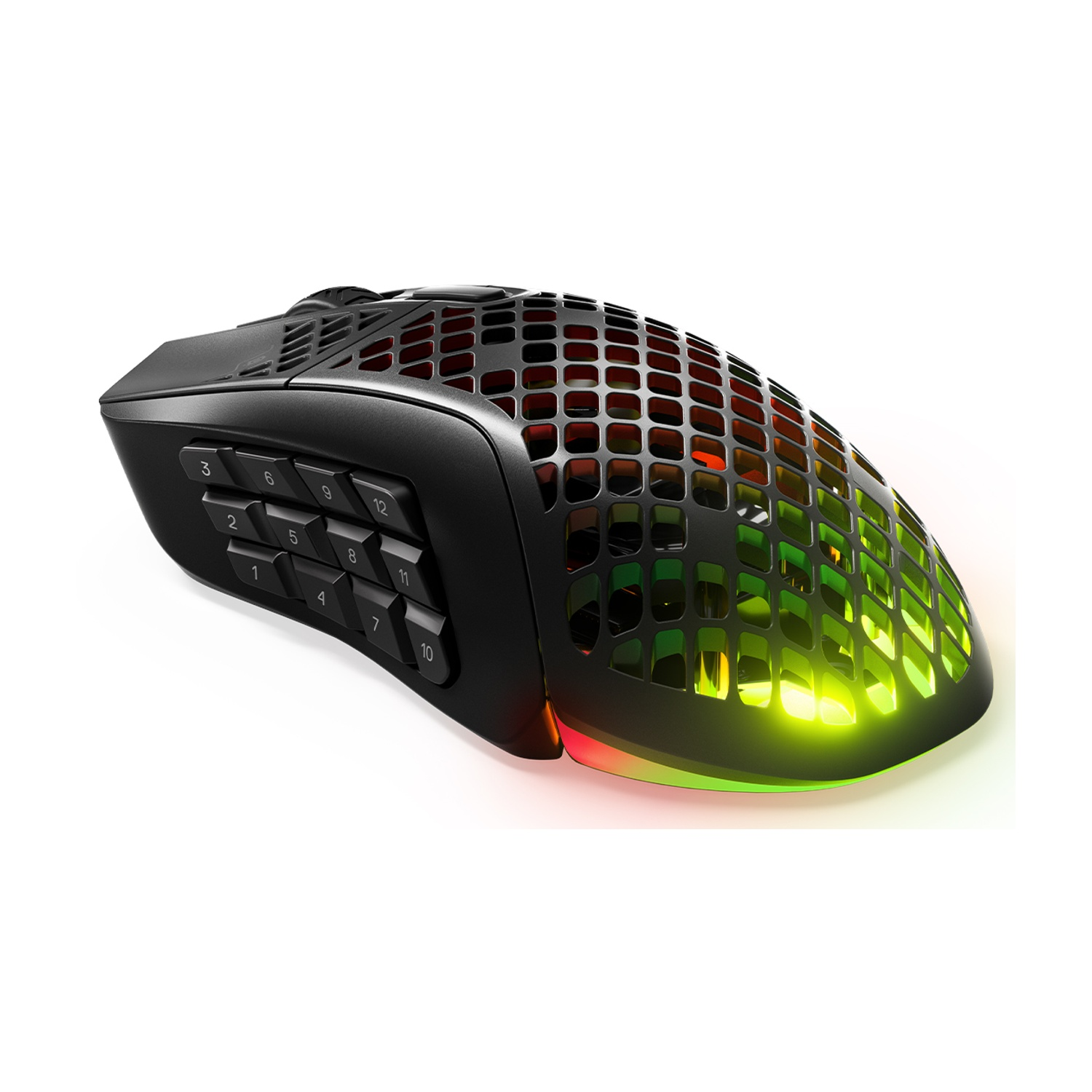 Mouse da gioco nero con 12 pulsanti. Si trova su una superficie bianca.
