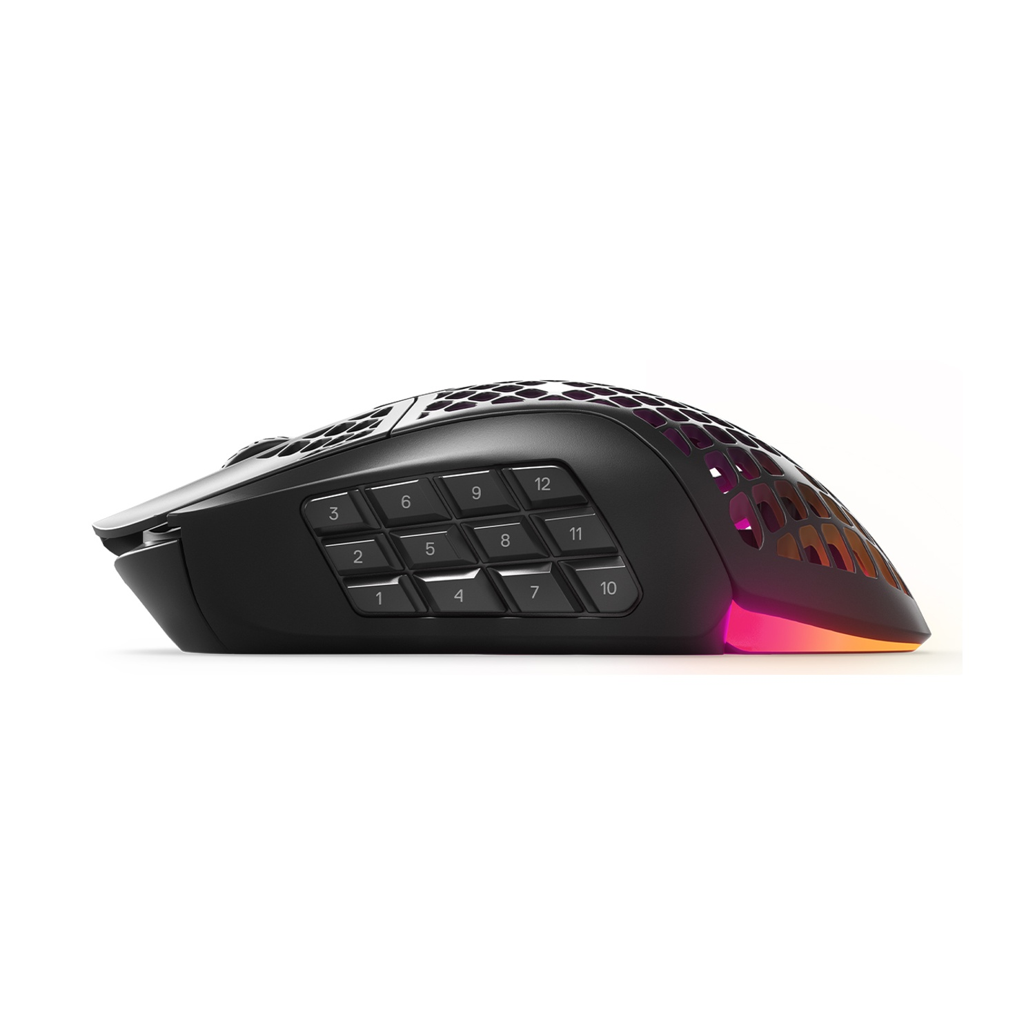 Mouse da gioco nero con pulsanti laterali e base illuminata colorata.
