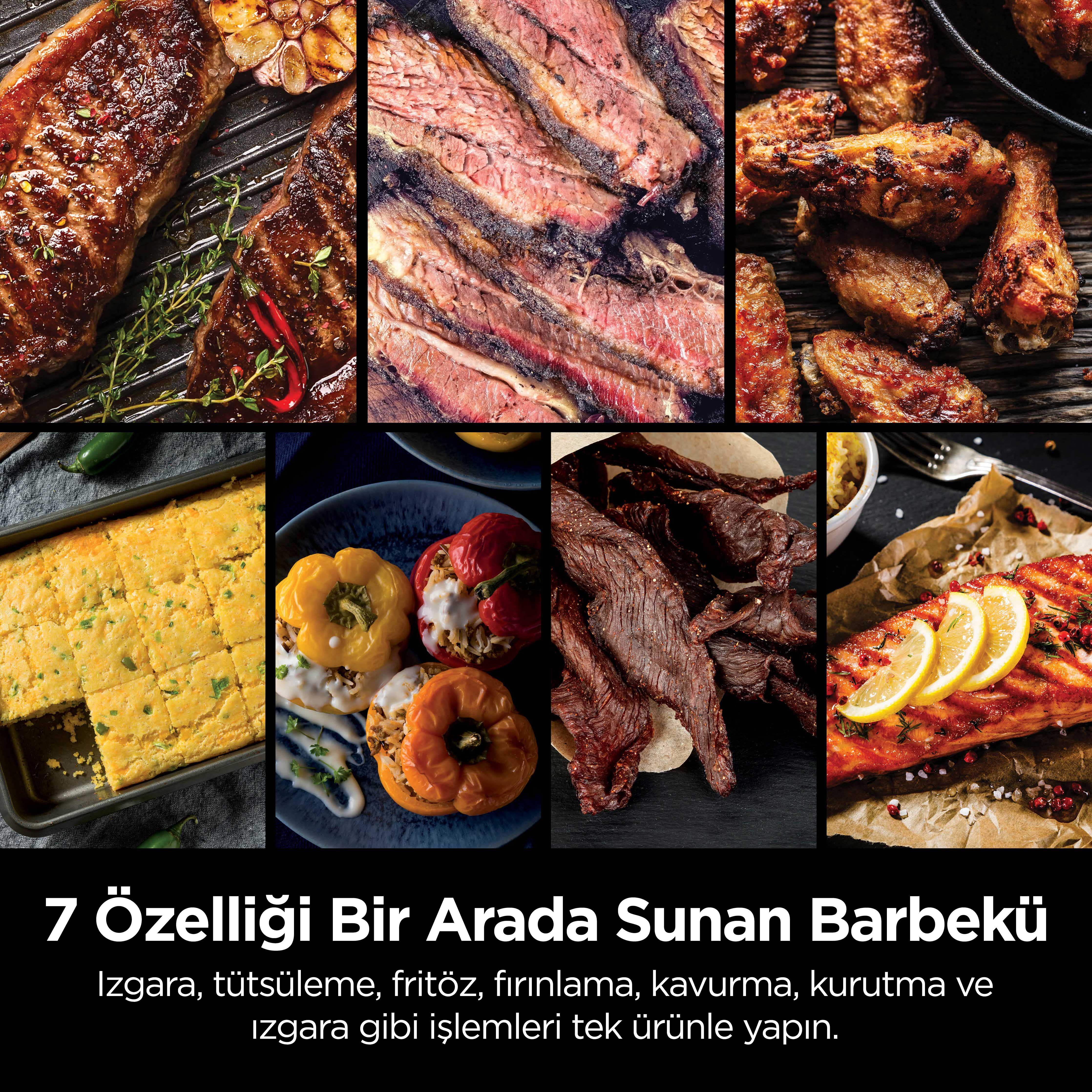 Bir gıda kolajı: biftek, kaburga, kanat, mısır ekmeği, dolmalık biber, kurutulmuş et ve somon.
