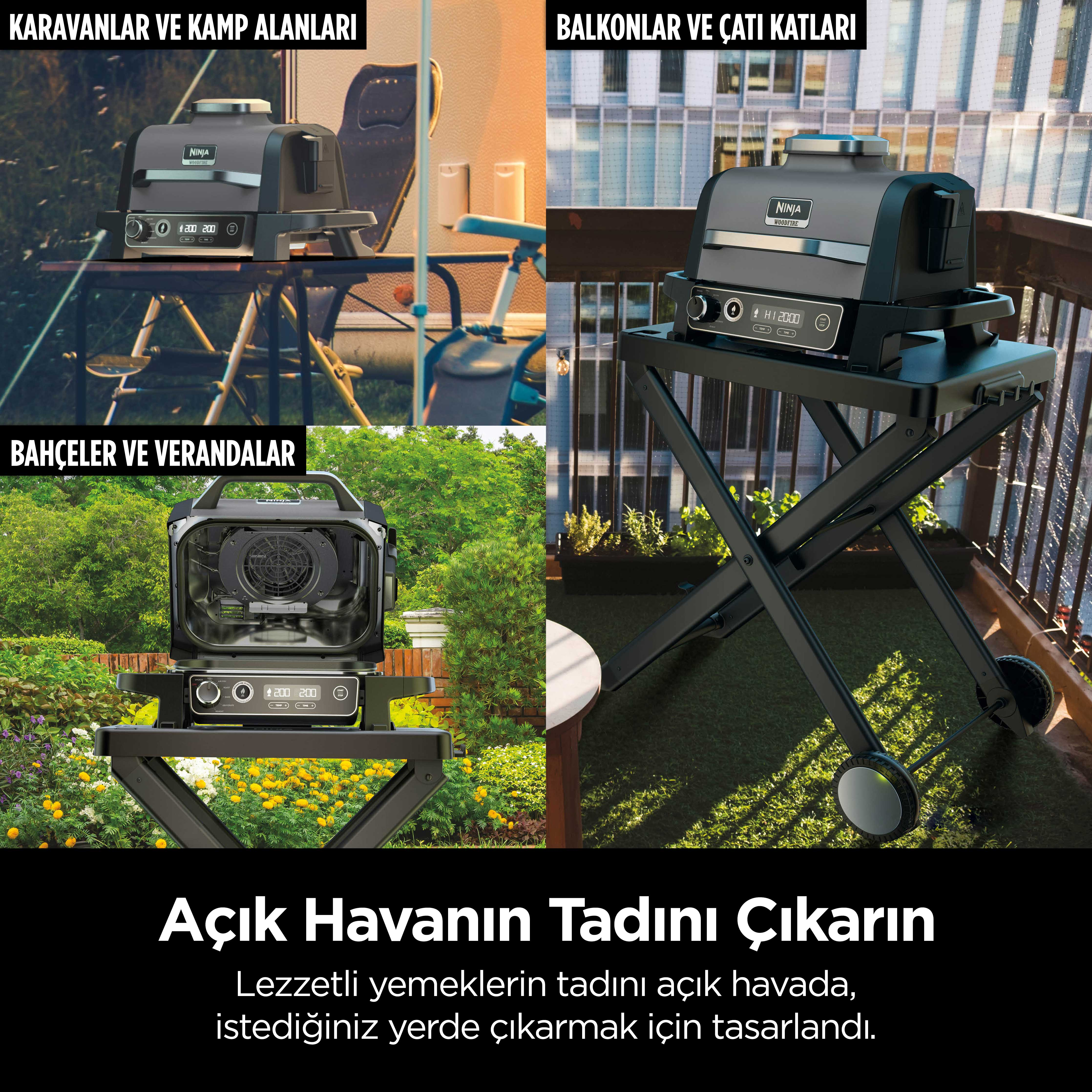 Farklı ortamlarda bir ızgaranın dört görüntüsü. Metin: 'Açık havanın tadını çıkarın'.