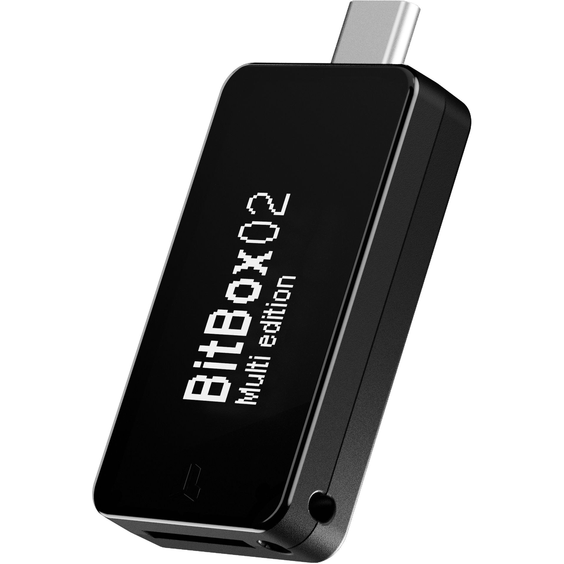 Schwarzes BitBox02 Multi Edition-Gerät mit USB-C-Anschluss und weißem Text auf der Vorderseite.
