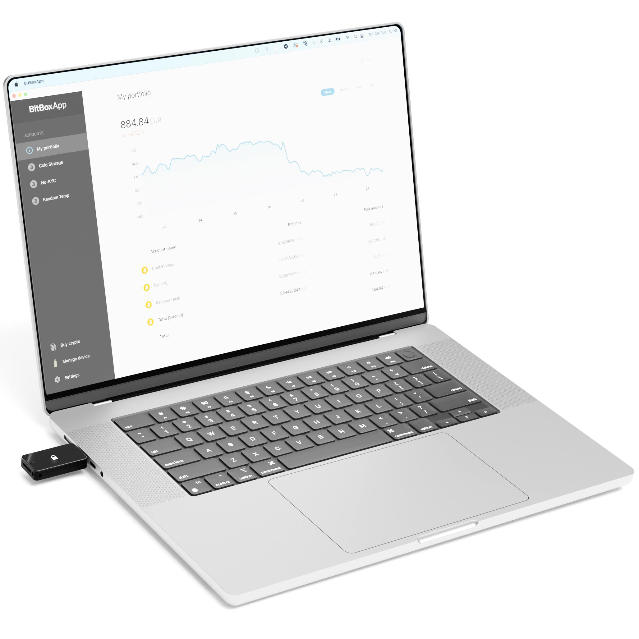 Geöffneter Laptop, BitBoxApp-Oberfläche, verbunden mit Gerät. Kryptodaten angezeigt.