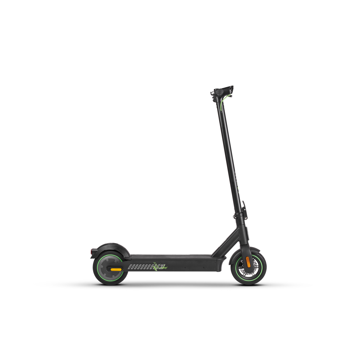 Black electric scooter on black background. Green and yellow accents and details.