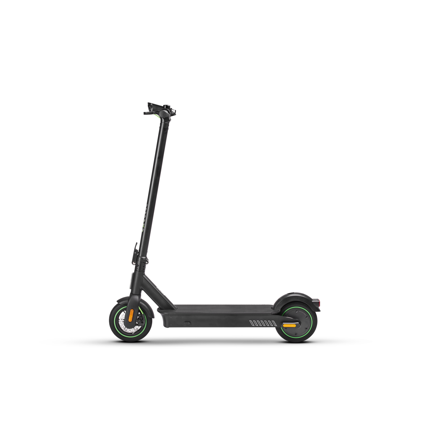 Black electric scooter with green accents, shown against a solid black background.