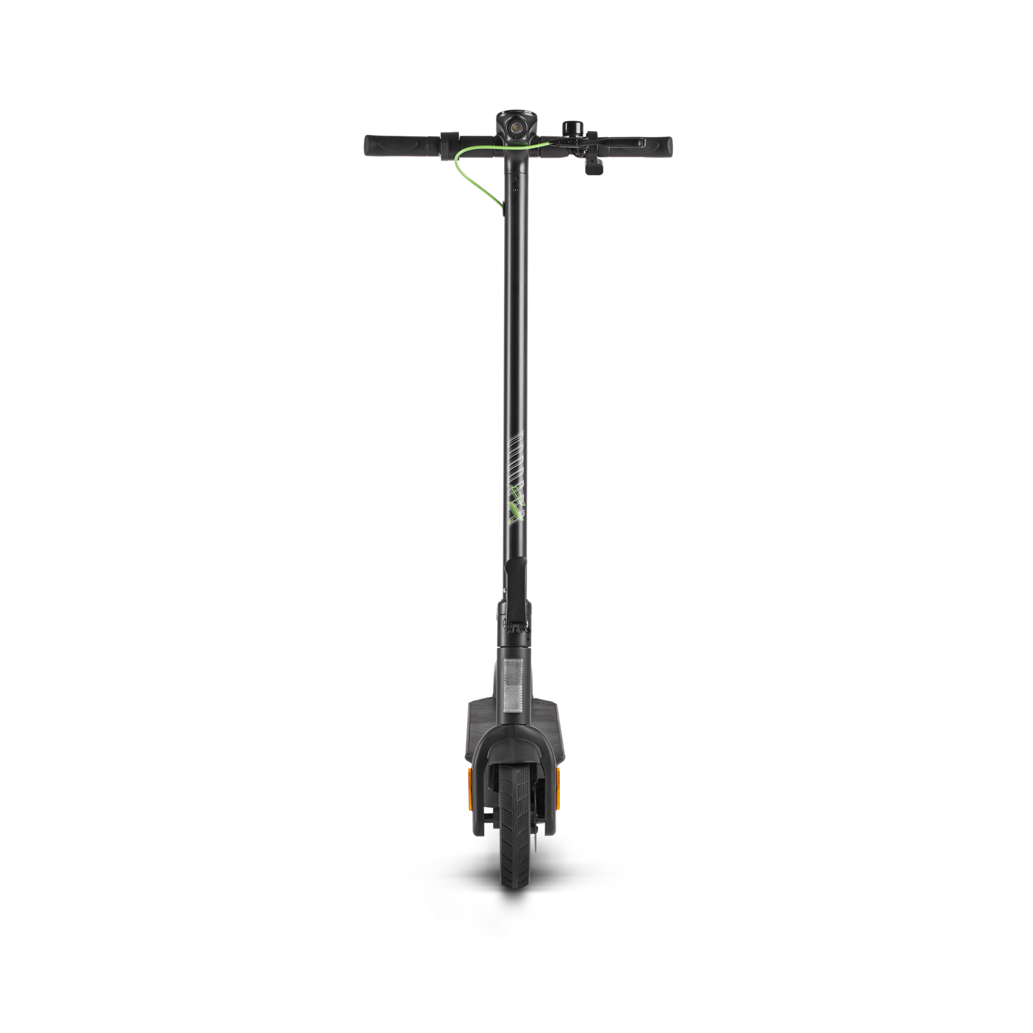 A black and gray electric scooter, viewed straight on against a black background.