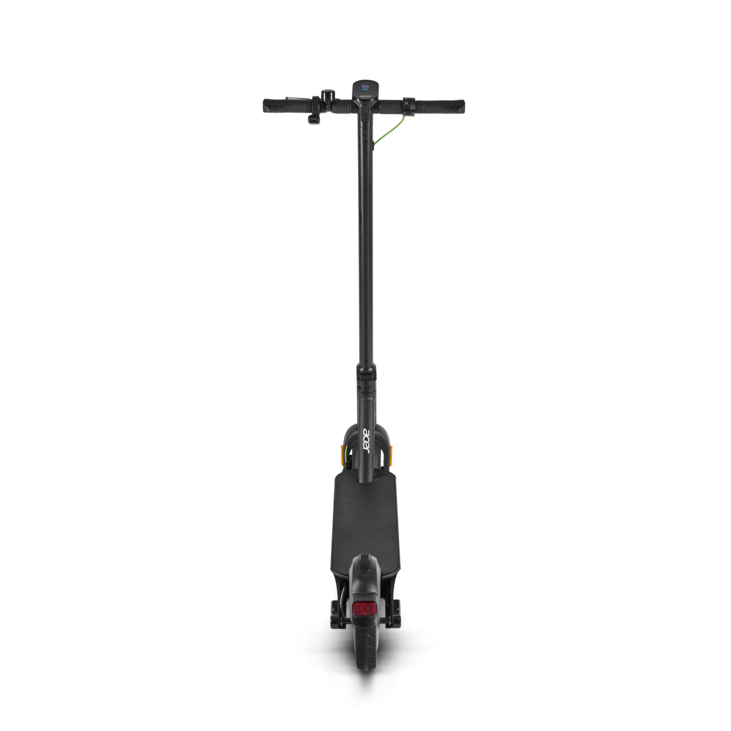 Black electric scooter, seen from the front, on a black background.