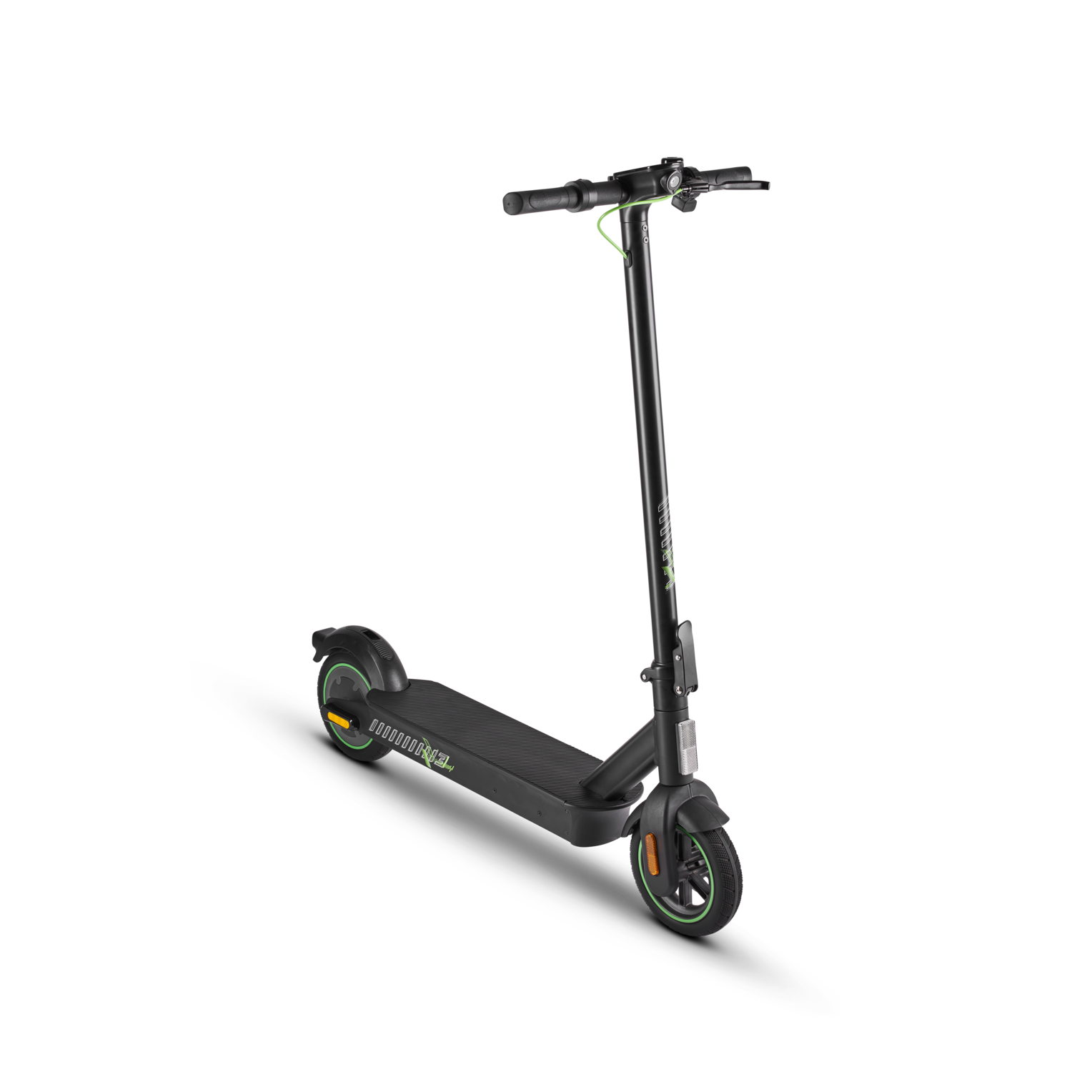 Black electric scooter, green accents, on a black background.