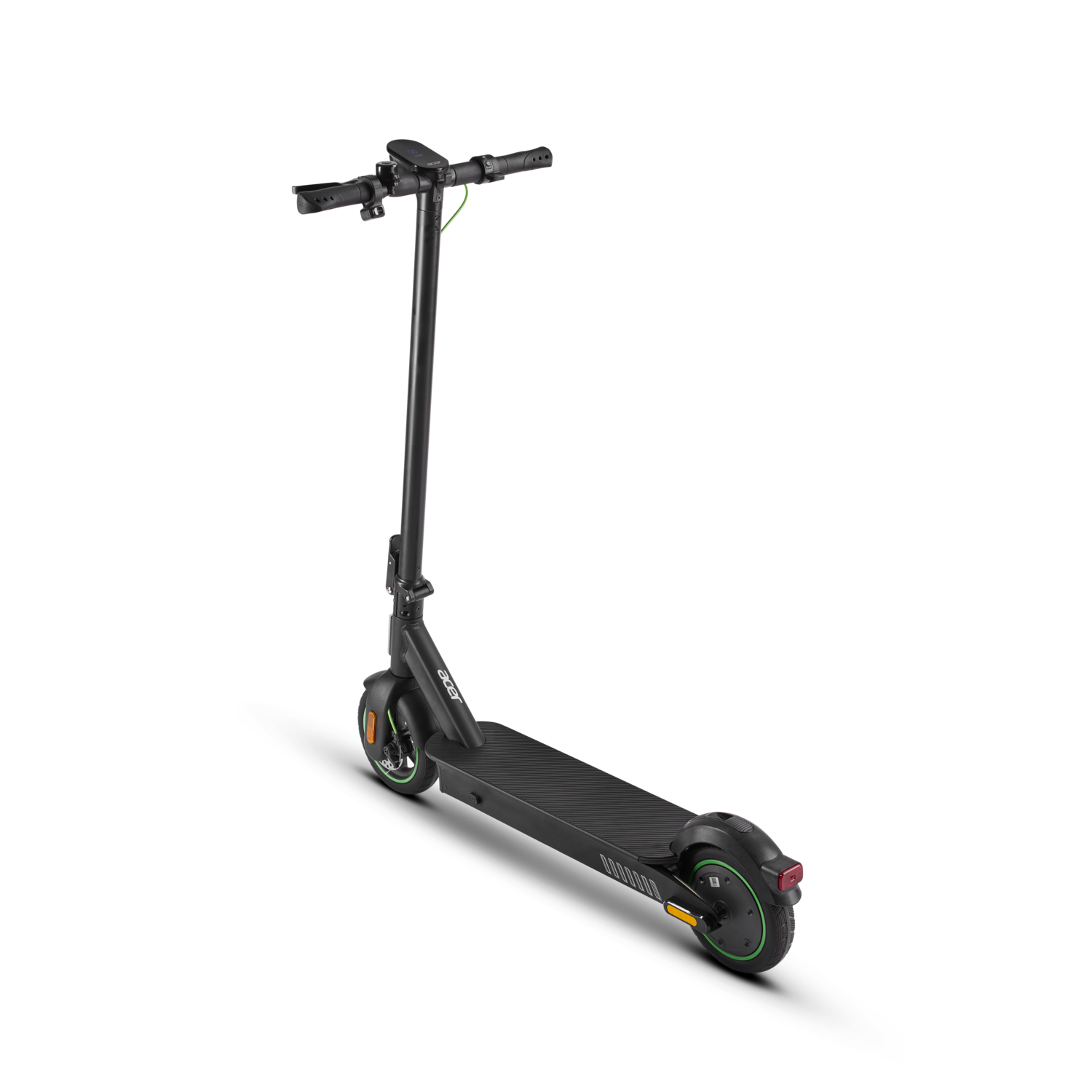 An electric scooter on a black surface, facing the camera.