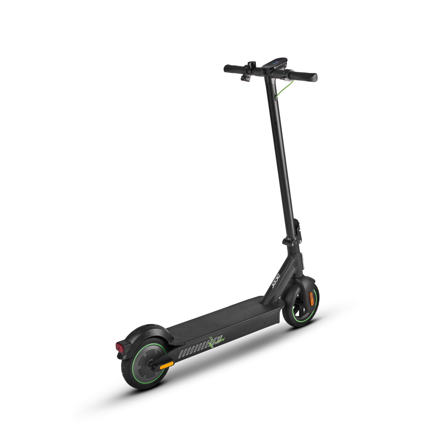 An electric scooter in profile view on a black background.