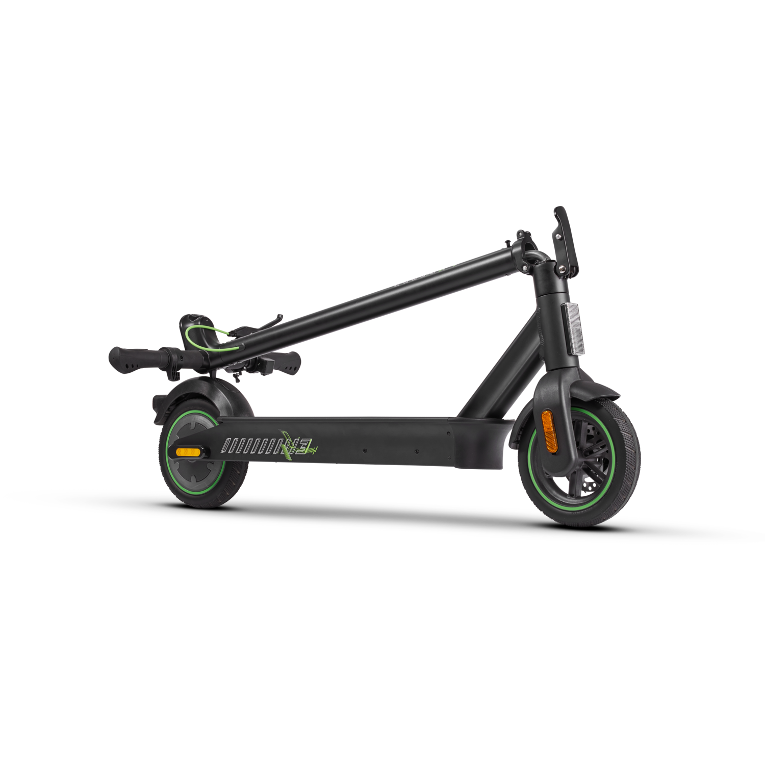 Electric scooter folded. Black frame, green accents, on a black background. Wheels are visible.