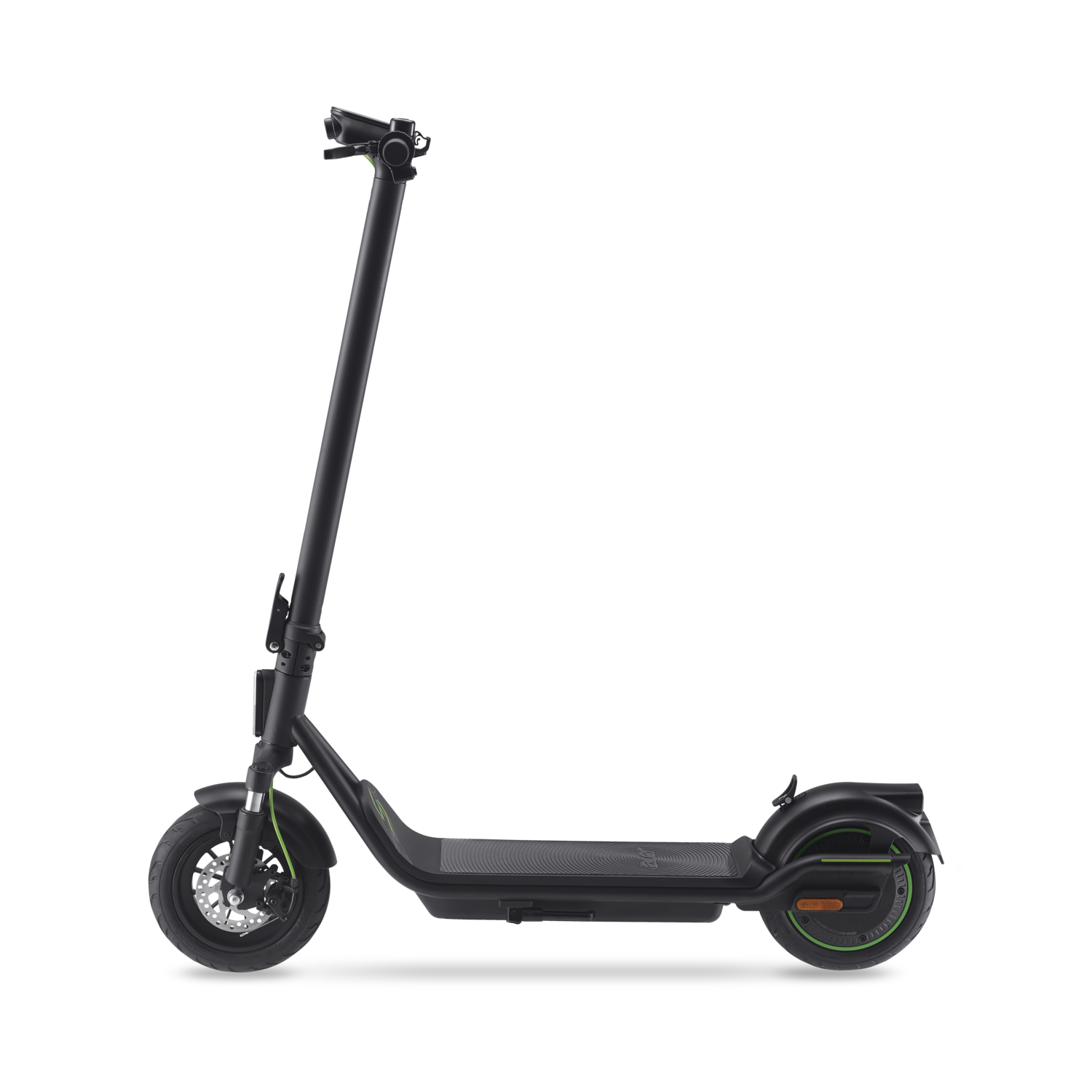 Black electric scooter with green accents. Black background, side view.