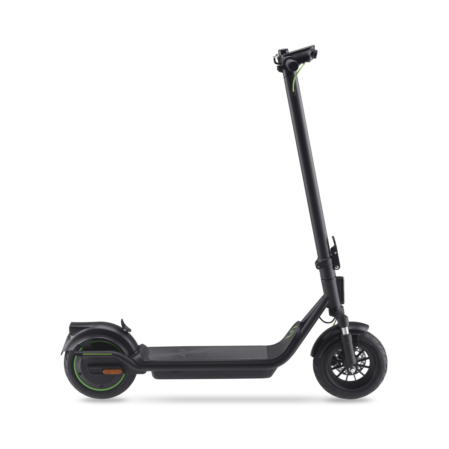 Black electric scooter on a black background. The scooter is angled and in motion.