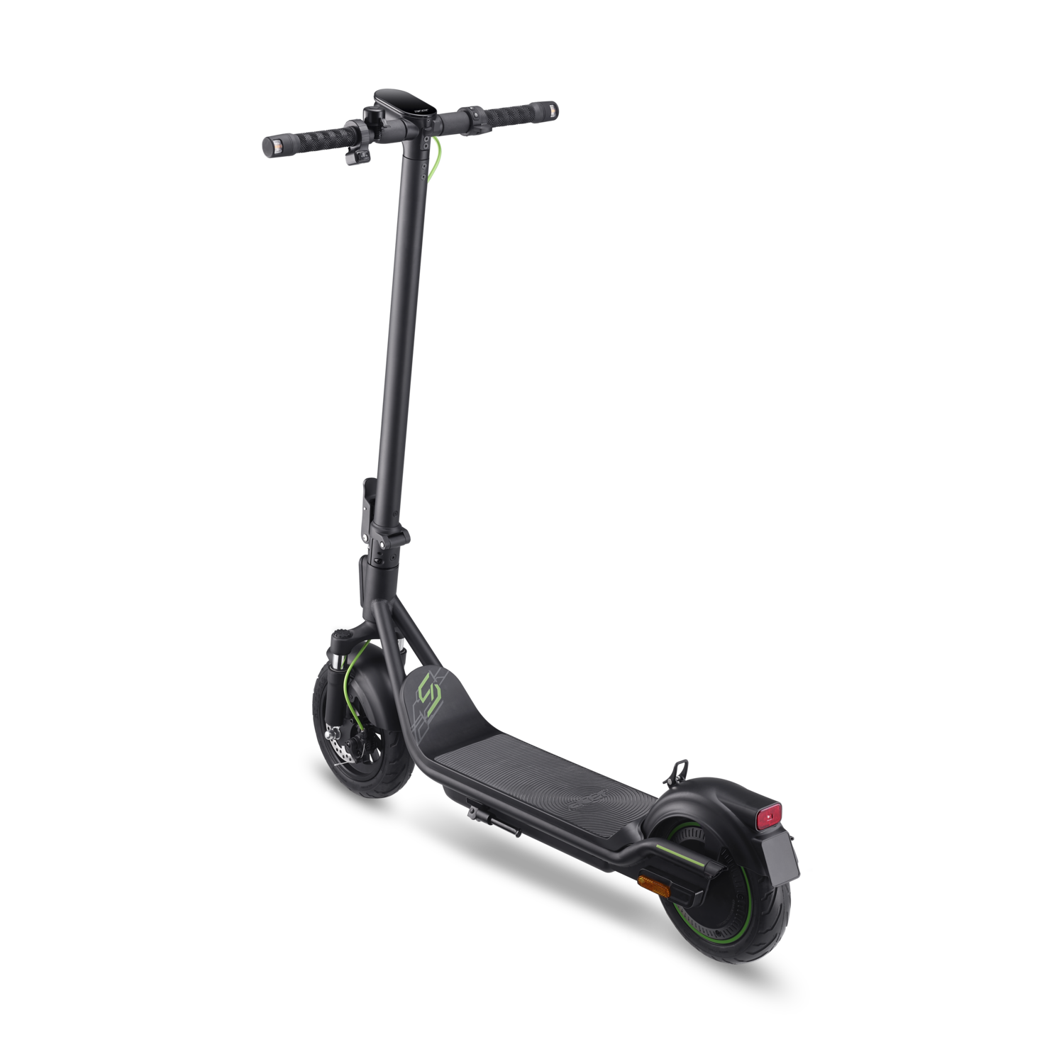 Black electric scooter with green accents, standing on a black surface.