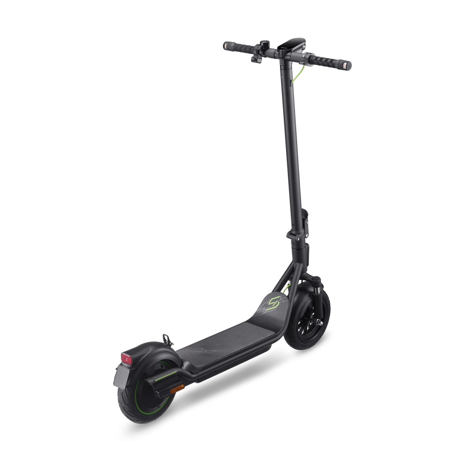 Black electric scooter on a black background, with green accents.