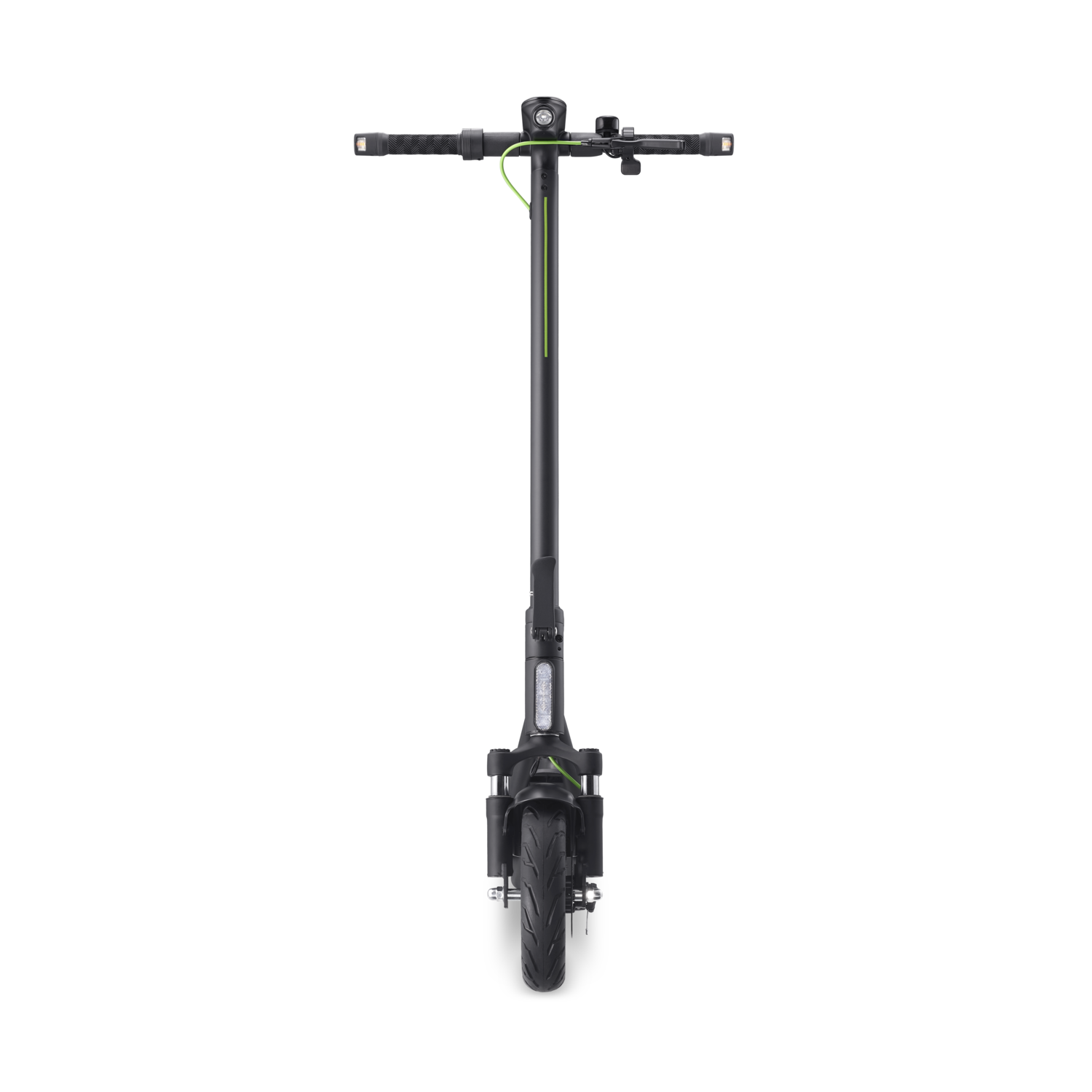 An electric scooter, black with green accents, seen from the front, on a black background.