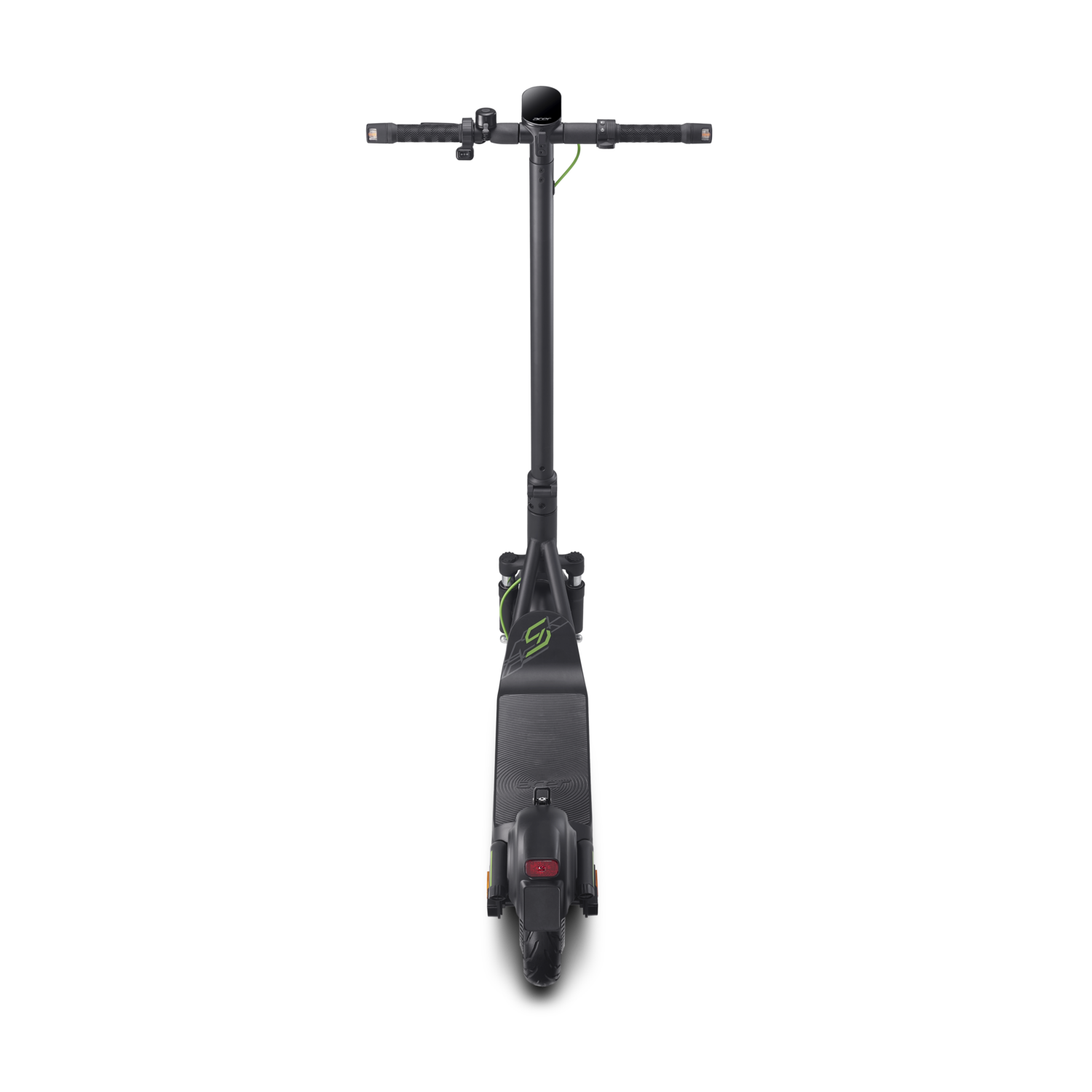 A black electric scooter from a top-down perspective on a black background.