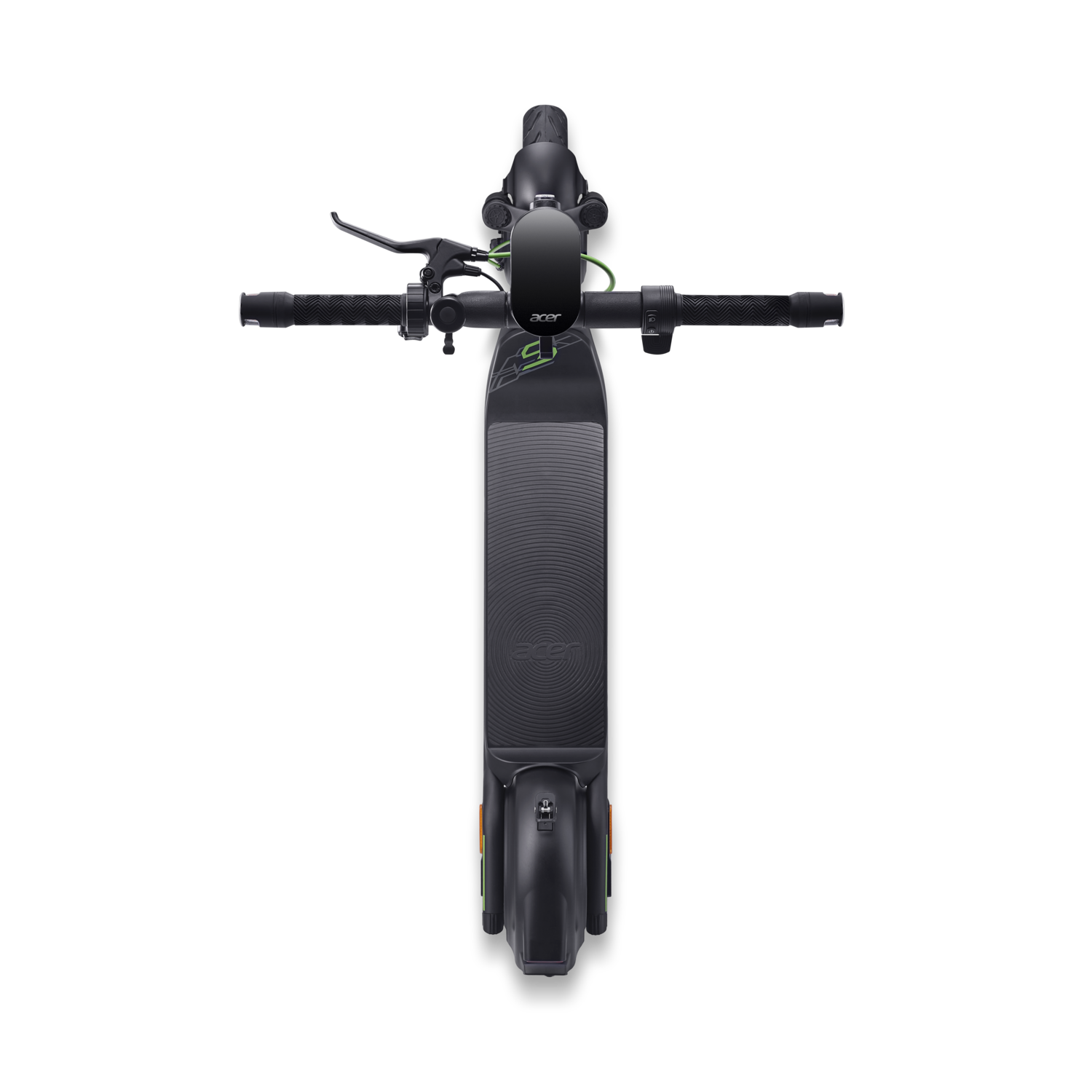 Top-down view of a black Acer electric scooter with green accents, on a black background.