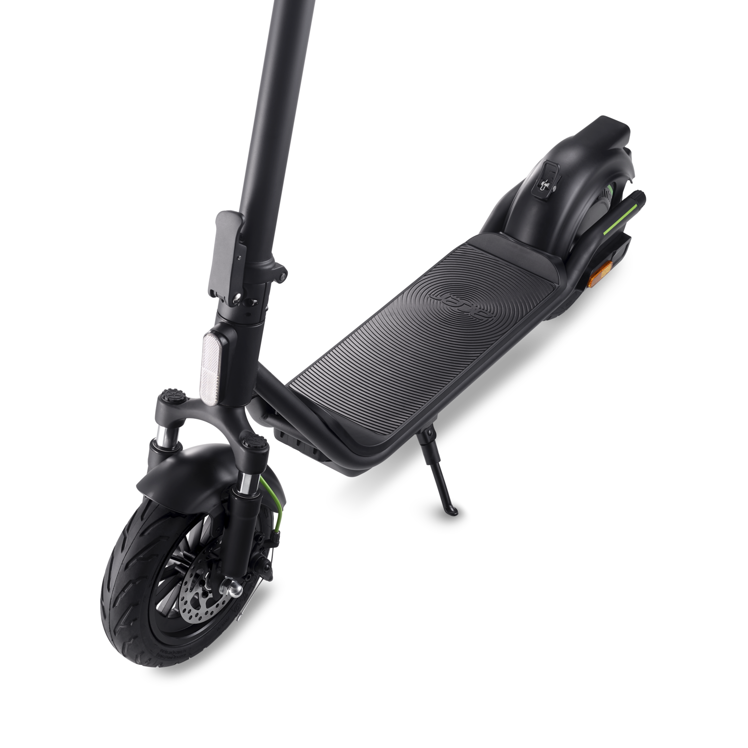 Black electric scooter with green accents. Shows the front wheel, handlebars, and deck.