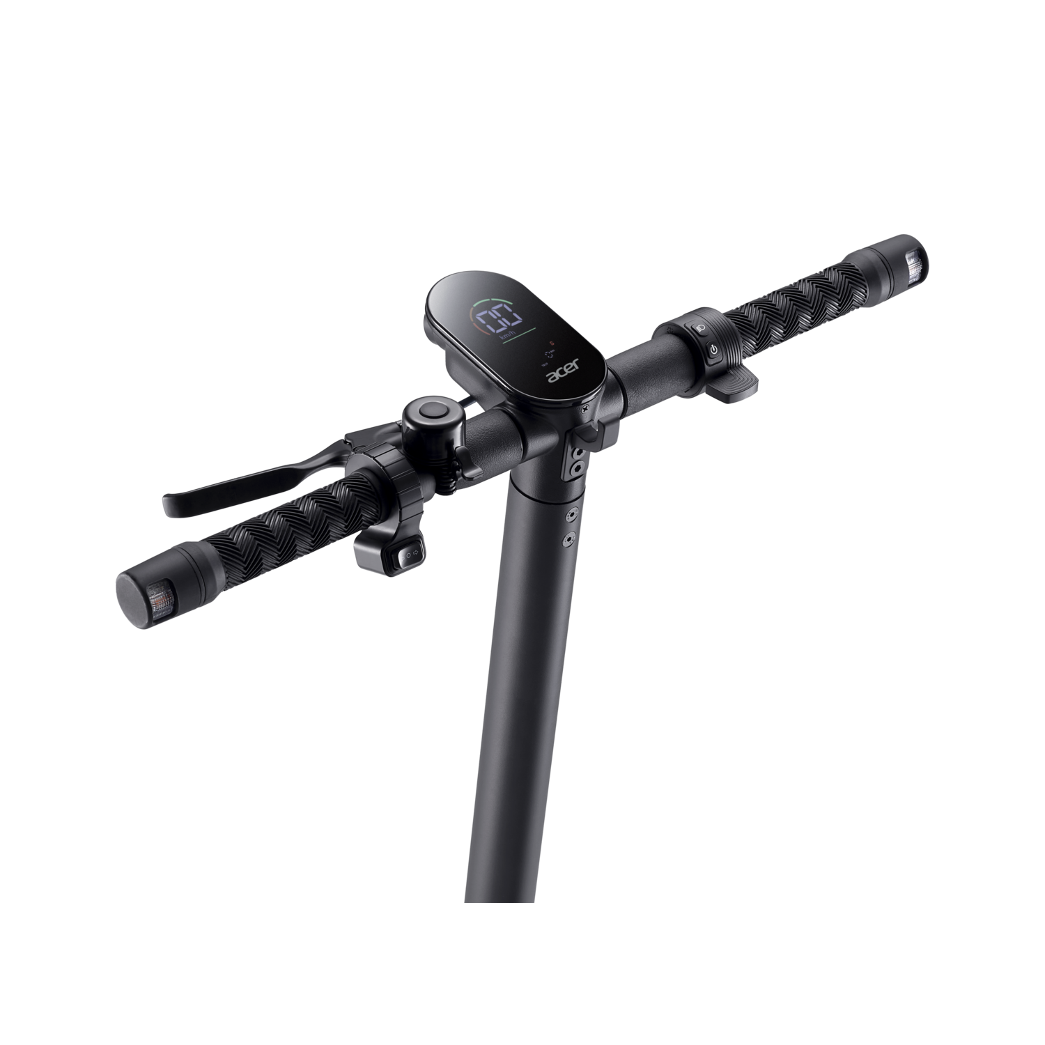 A black and silver electric scooter handlebar with a digital display and a lever.